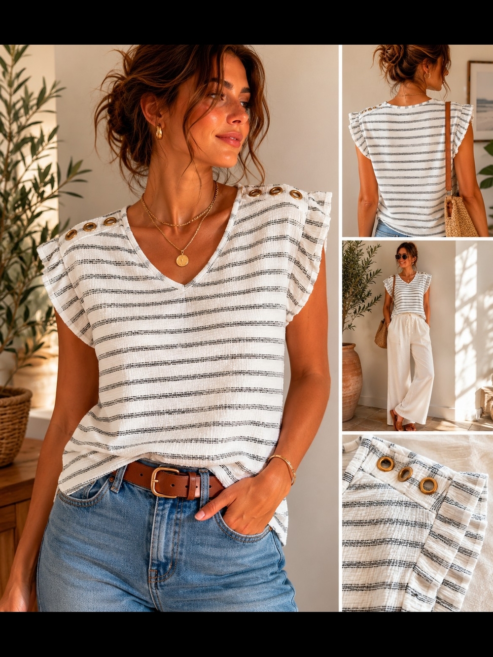 Striped V-Neck Button-Shoulder Tank Top - White & Gray